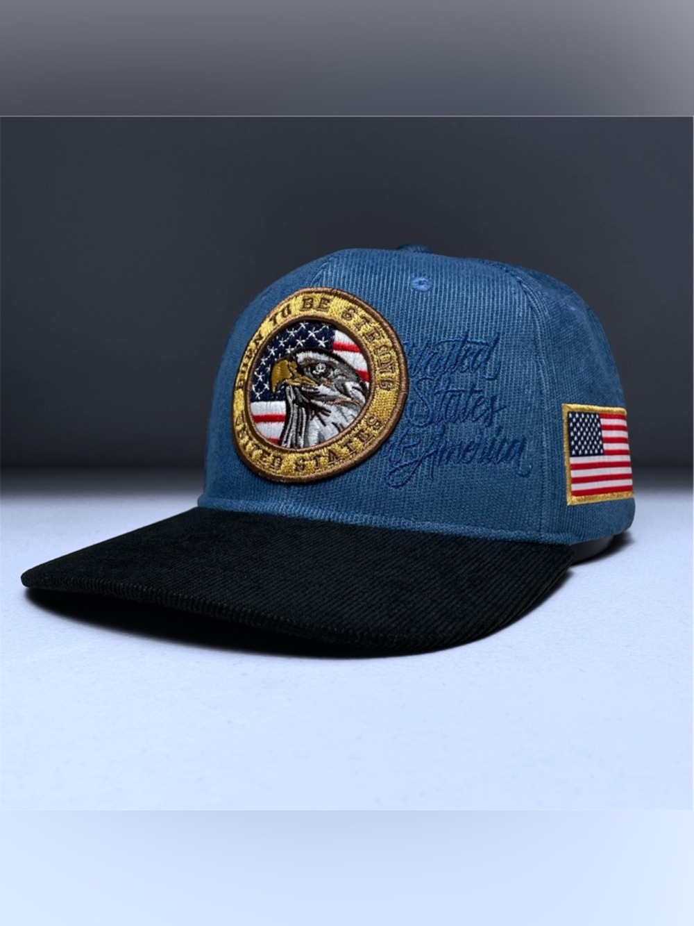 USA Flag Eagle Embered Blue Corduroy Snapback Caproid